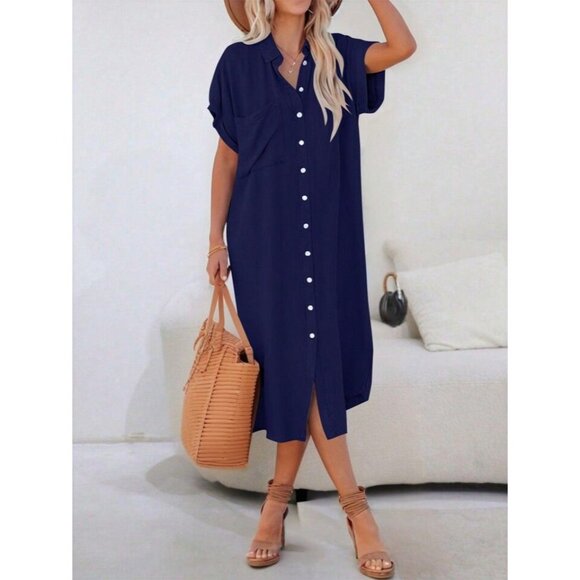 zeagoo Dresses & Skirts - NWT Zeagoo Navy Blue Short Sleeve Button-Down Midi Shirt Dress Minimalist Preppy